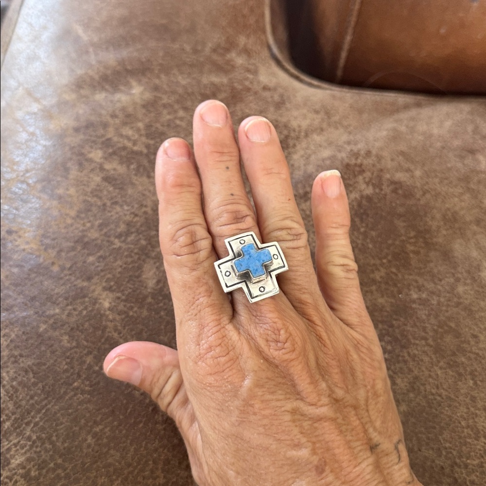 Chunky Sterling Silver Cross Ring with Blue turquoise Inlay adjustable